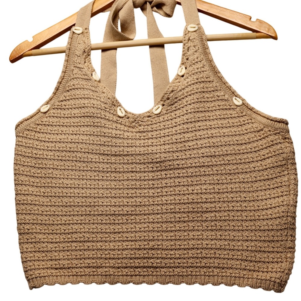 Sincerely Jules Tan Crochet Halter Crop Top NWT Shell Embellished Boho Beach M